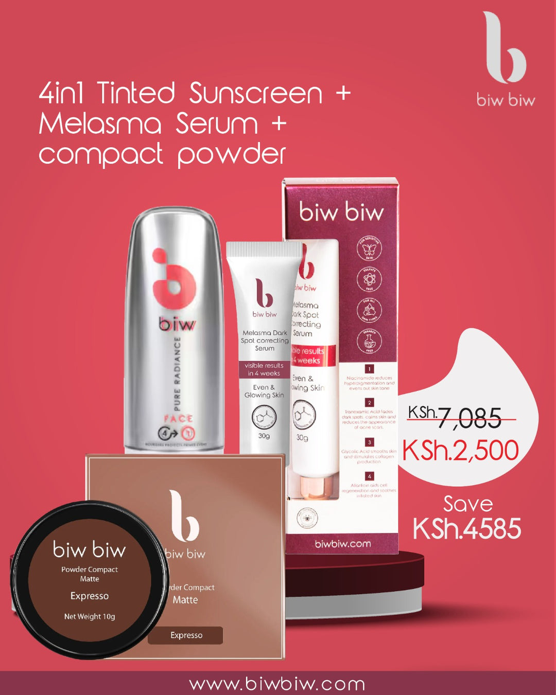 4in1 Tinted Sunscreen + Melasma Serum + compact powder